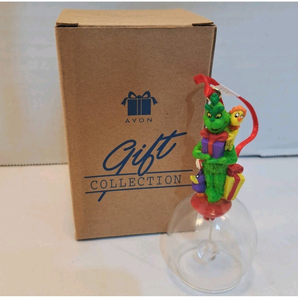 Avon Grinch Hanging Christmas Ornament Glass Bell Green Clear Gift Collection